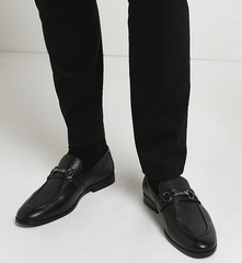 RIVER ISLAND | BLACK WIDE FIT SNAFFLE DETAIL LEATHER LOAFERS
