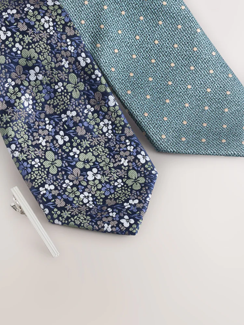 NEXT | BLUE FLORAL/POLKA DOT DESIGN DESIGN TIES AND TIE CLIPS 2 PACK