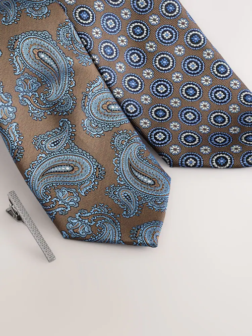 NEXT | Brown/Navy Design Ties And Clips 2 Pack