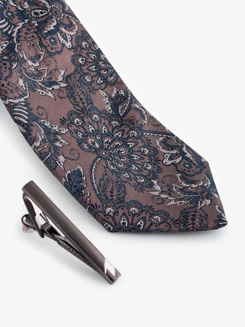 NEXT | Neutral Brown/Blue Paisley Slim Design Tie And Clip